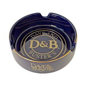 Dave & Busters Cigar Cigarette Ashtray Cobalt Blue Gold Trim 6 inch Tobacciana